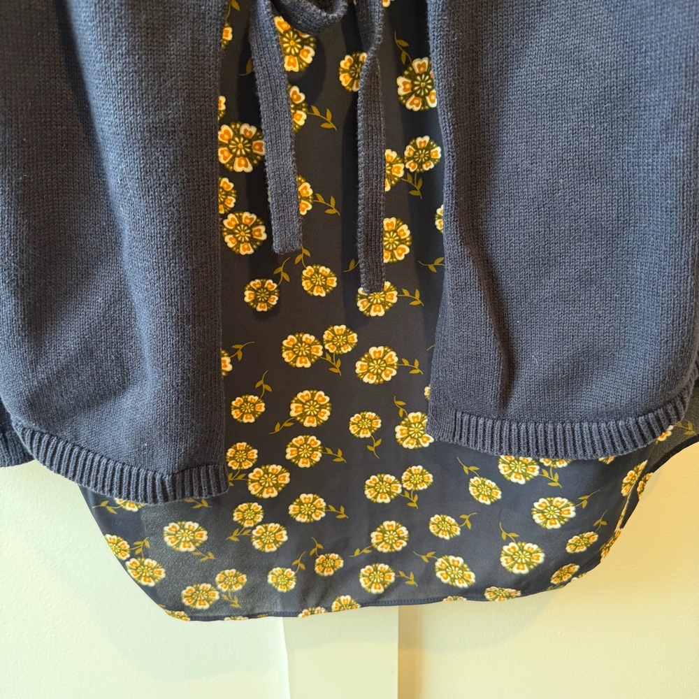 Loft Women’s Sweater Blue Floral‎ Layered-Look Bows 100% Cotton Pullover Small - Picture 6 of 8